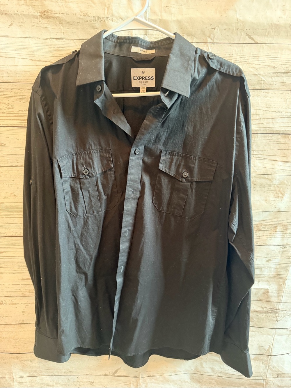 Express Fitted Black Dress Shirt with Label Detail